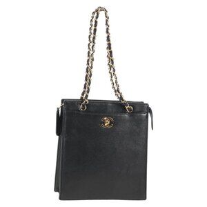 CHANEL Chain Hand Bag Grained Calf Skin Black Gold CC Auth 143812V